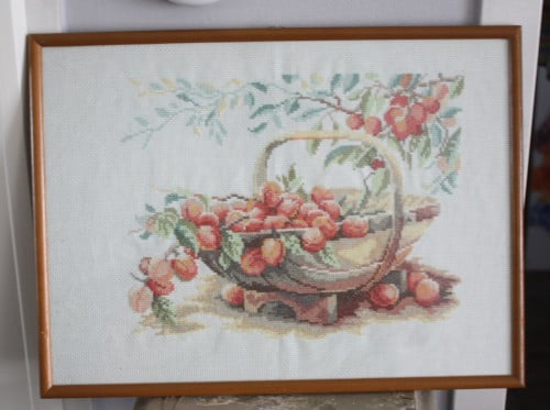 Schilderij met gebordeuurde fruitmand met fruit