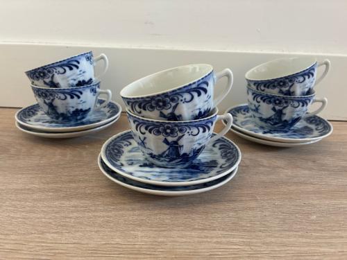 Delfts blauw kop en schotels, 6 stuks