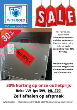 ACTIE -30% Op is Op Inbouwvaatwassers (outlet/nieuw)