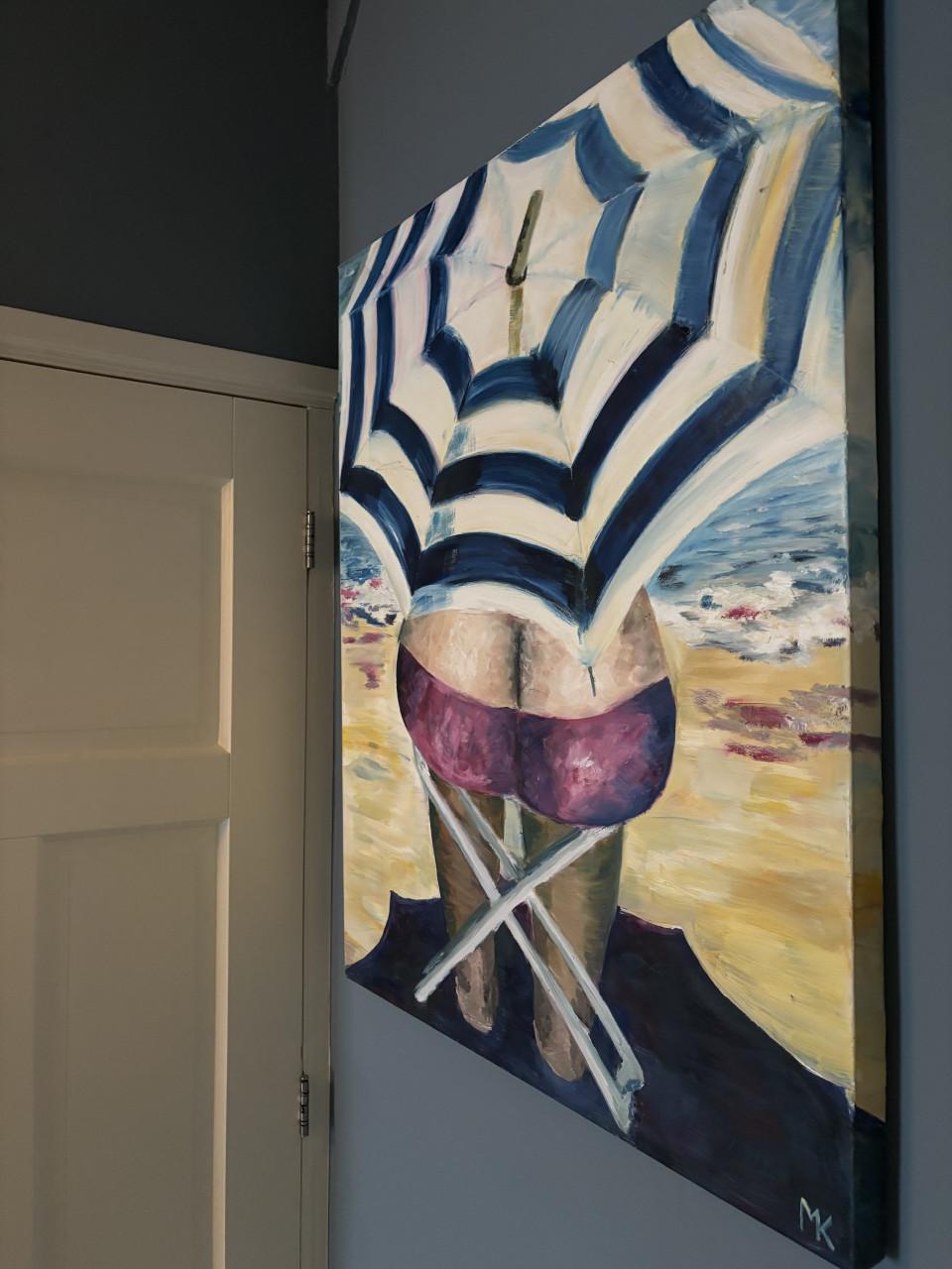 Vrouw op strand, gesigneerd MK, 100x80 cm