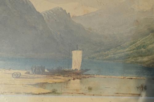 Aquarel berglandschap met een zeilscheepje. Aziatisch?