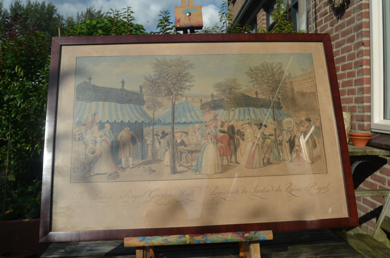 Franse gravure/ets ca 1787 'The Palais Royal Garden's Walk'