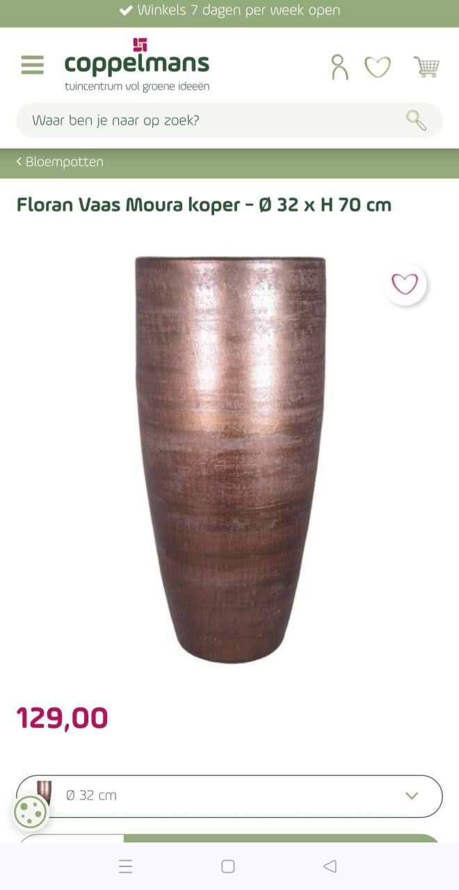 Grote stenen koperkleur vaas 70 cm