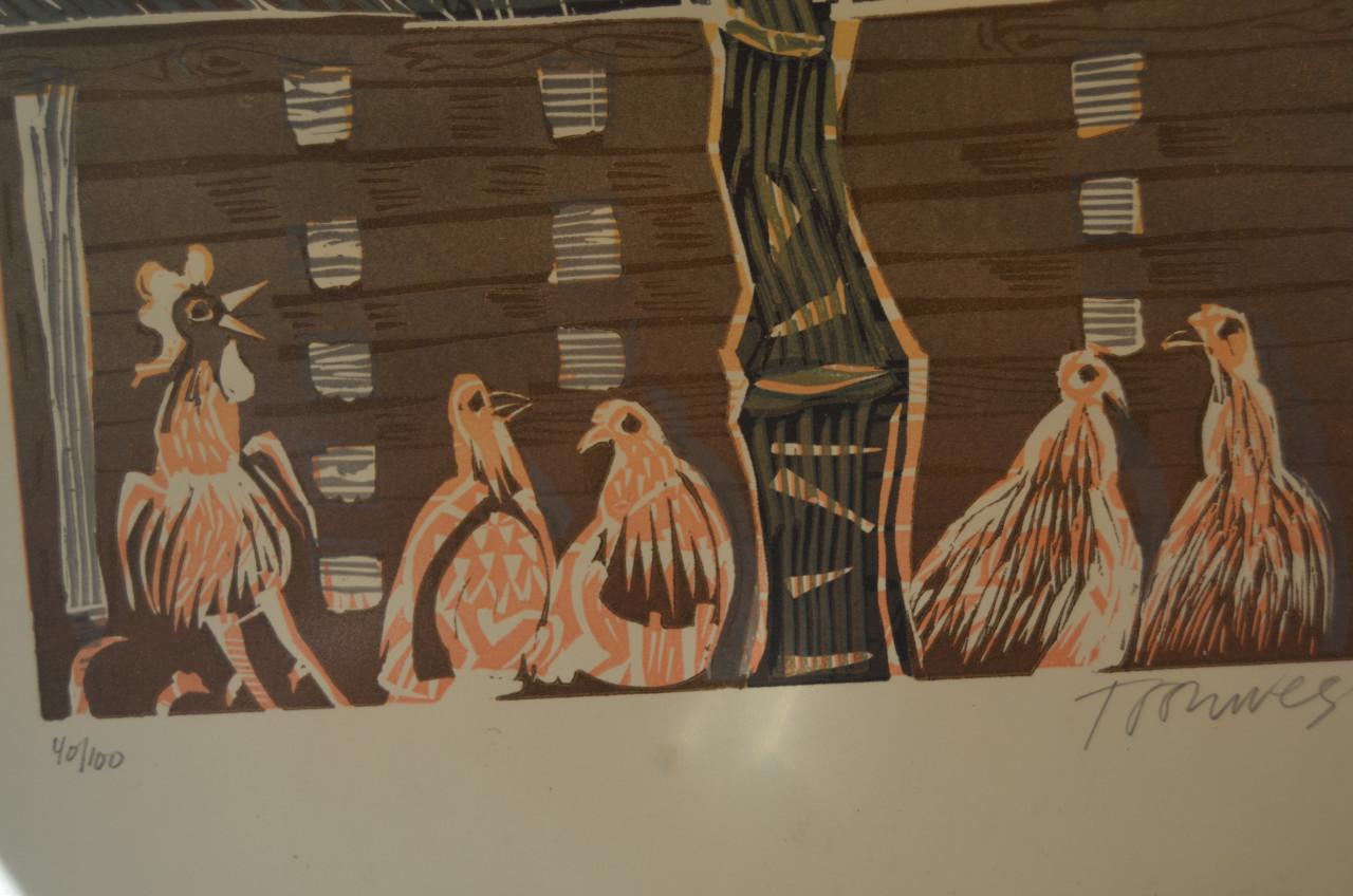 Litho/zeefdruk 'kippen en haan op de boerderij' gesign. gen.