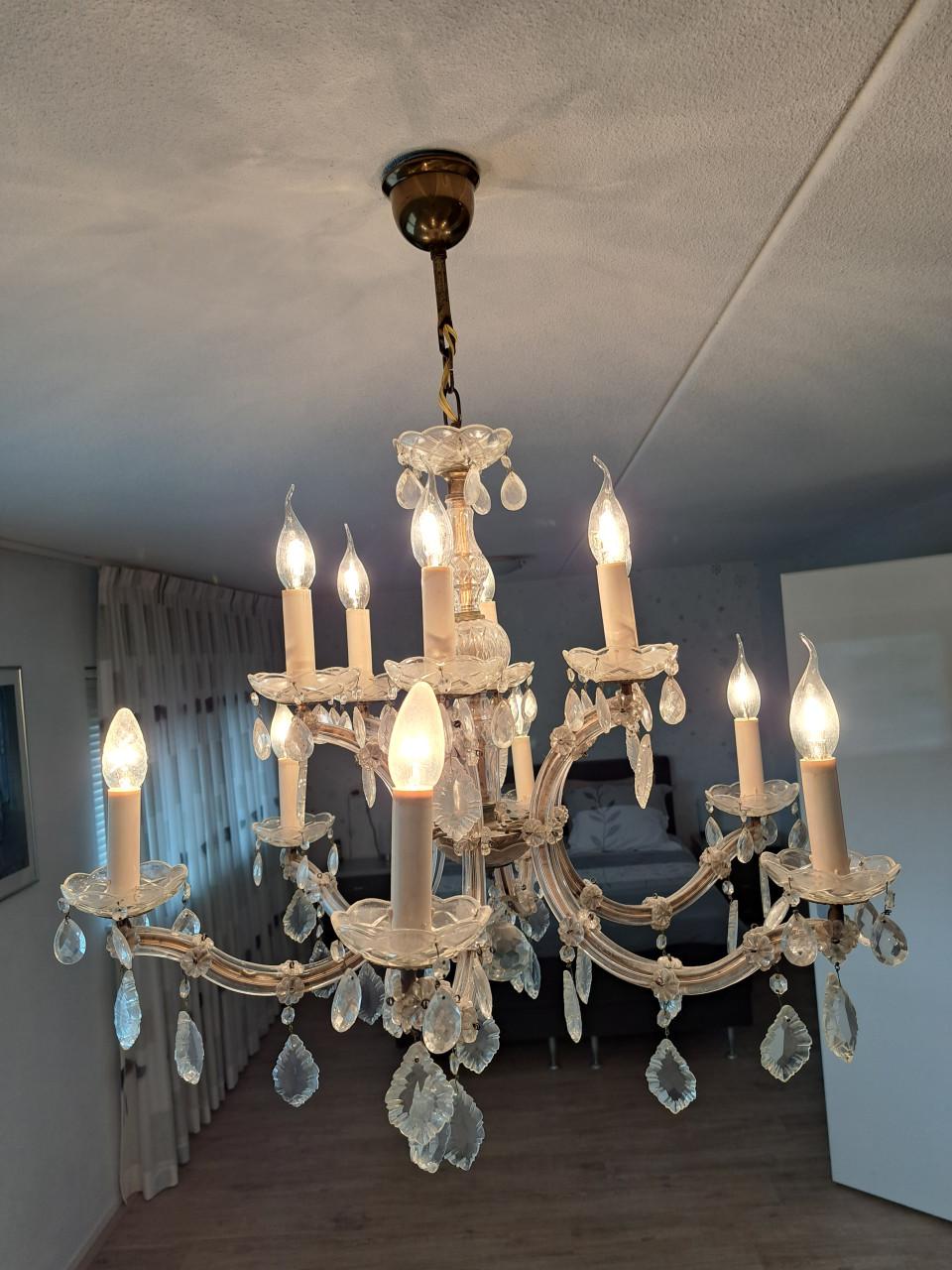Glazen kroonluchter met 12 lampjes uit de jaren vijftig