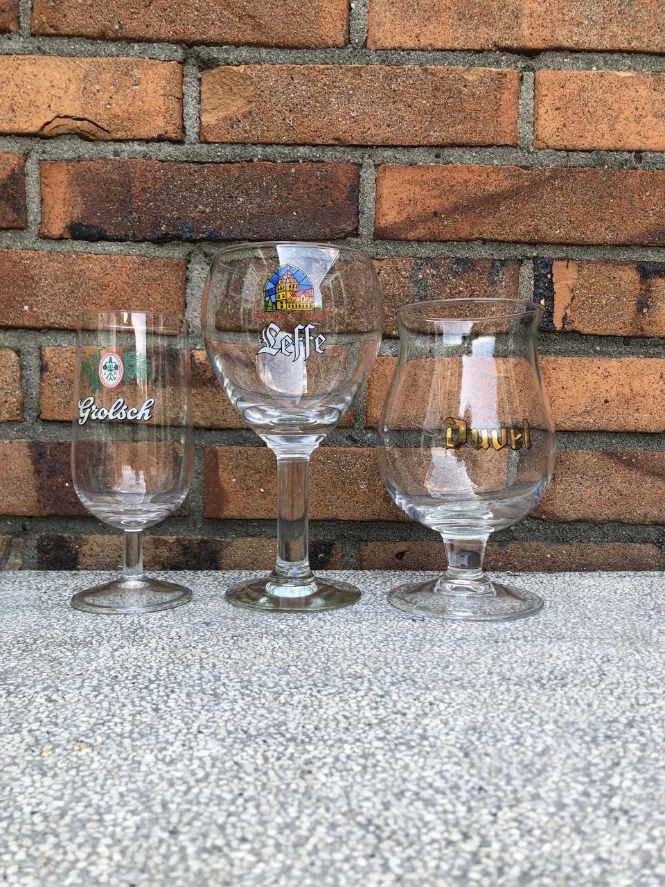 3 bierglazen Grolsch Leffe en Duvel.