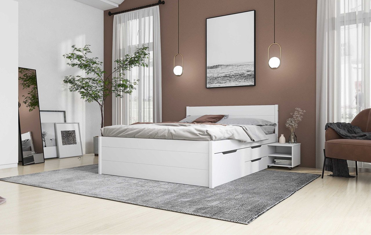 Tweepersoons massief grenen bed in Wit. 140, 160 of 180