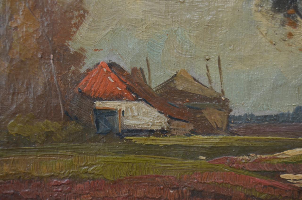 Olie op doek boerderijtje in landschap 19e eeuws.