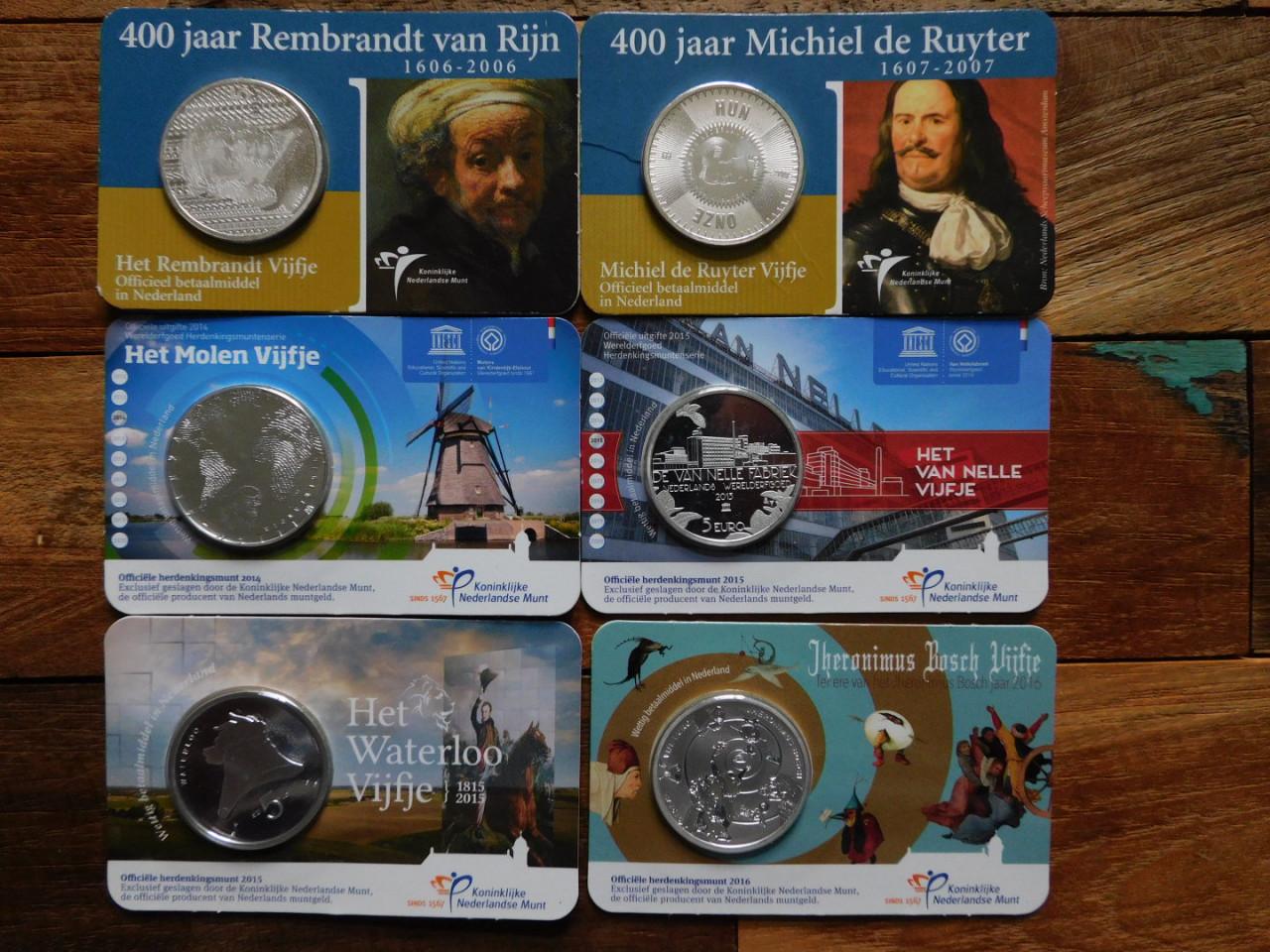 6 herdenkings €5 munten (ver)zilver(d)