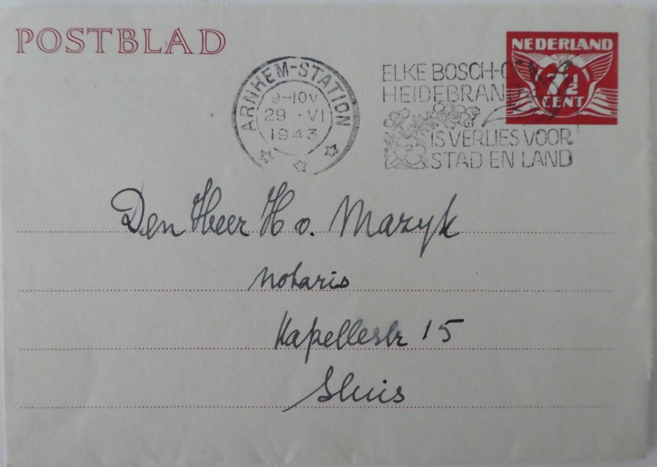 Postblad, 1943, Arnhem-Sluis