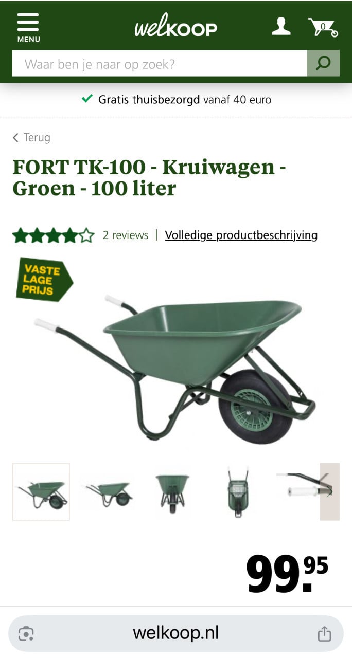 FORT Kruiwagen Groen 100 liter nieuwprijs €100,-