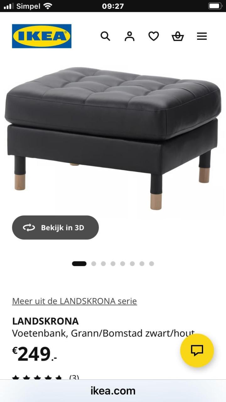 IKEA Landskrona 3-zits bank + voetenbank - zwart leer