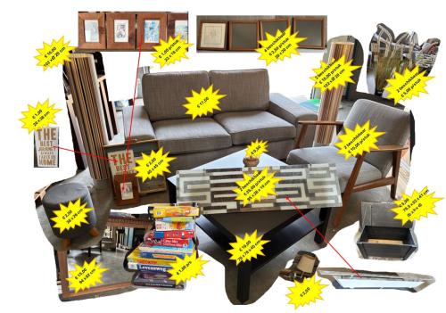 Bank, fauteuils, Spiegel, fotolijsten, en andere kleine snuisterijen