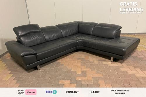 Natuzzi Zwarte  Antraciet  Leren Hoekbank- Gratis Levering NL