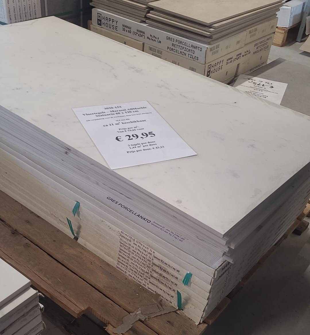 3030-15 ca 8 m² marmerlook tegels,mat wit/grijs, 60x120,van € 73,21/m² voor