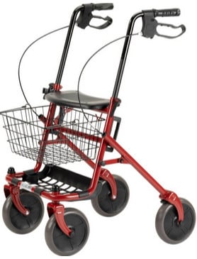 Rollator met mandje, dienblad en stokhouder