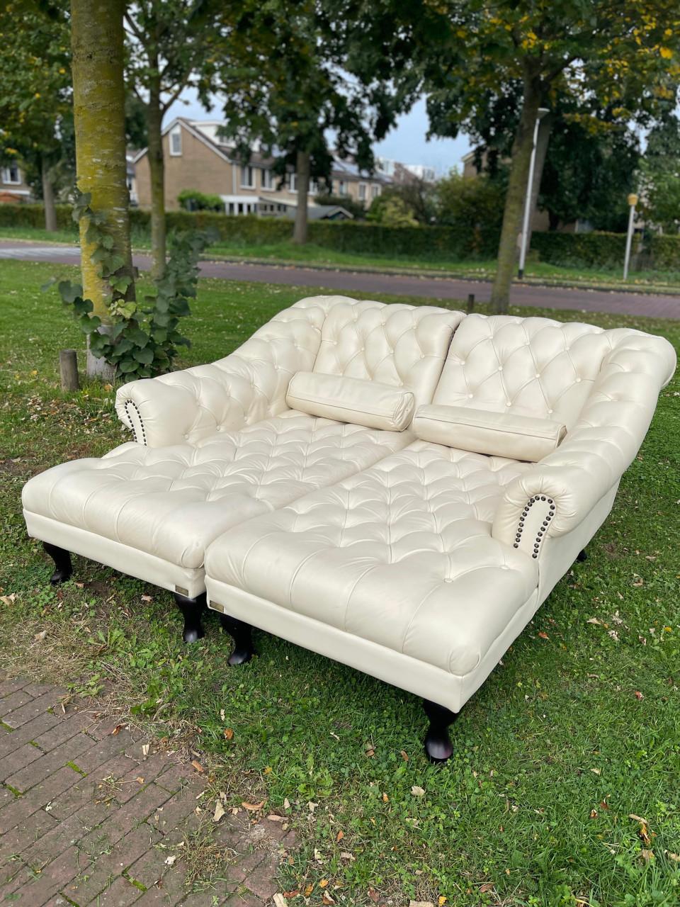 Chesterfield Chaise Lounge Set -Tijdloos Echt Leer Design-Luxe Uitstraling