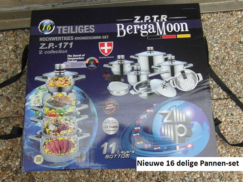 PANNEN UITZET Nw. RVS 16 delig zwitsers fabrik.gas-inductie-elektra-keramis