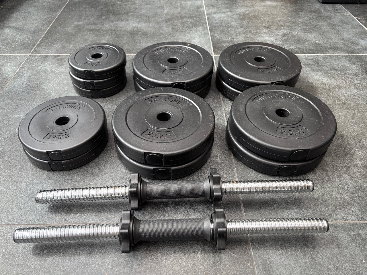 Twee dumbells met schijven