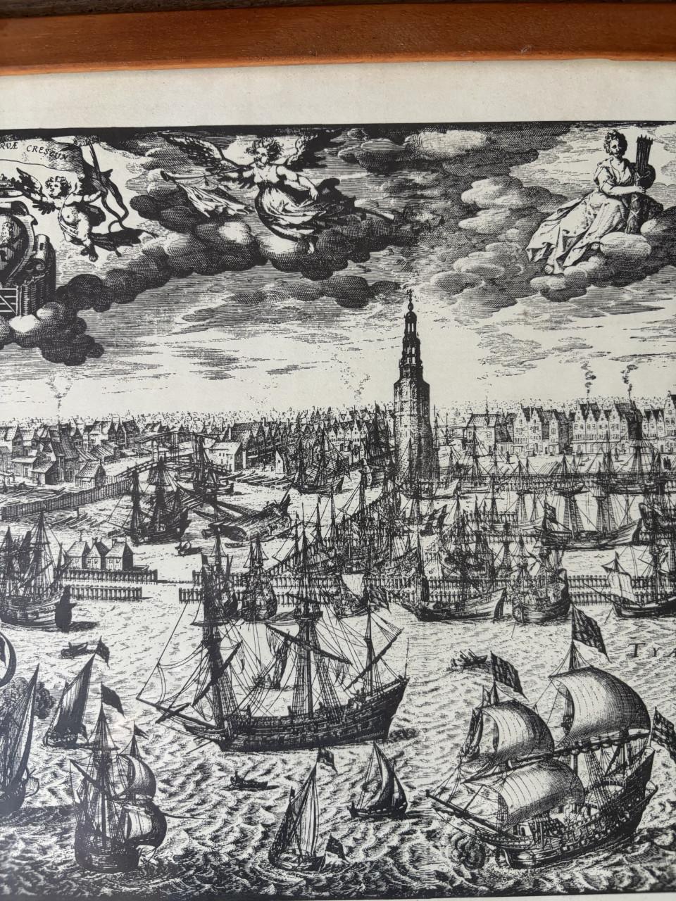 Historische gravure Amsterdams stadsgezicht 17e/18e eeuw