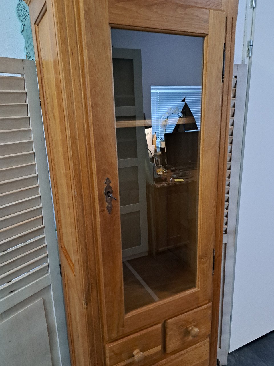 🌞 Mooie oude massief eiken hoge kast met vitrinegedeelte en 5 laden 🌞
