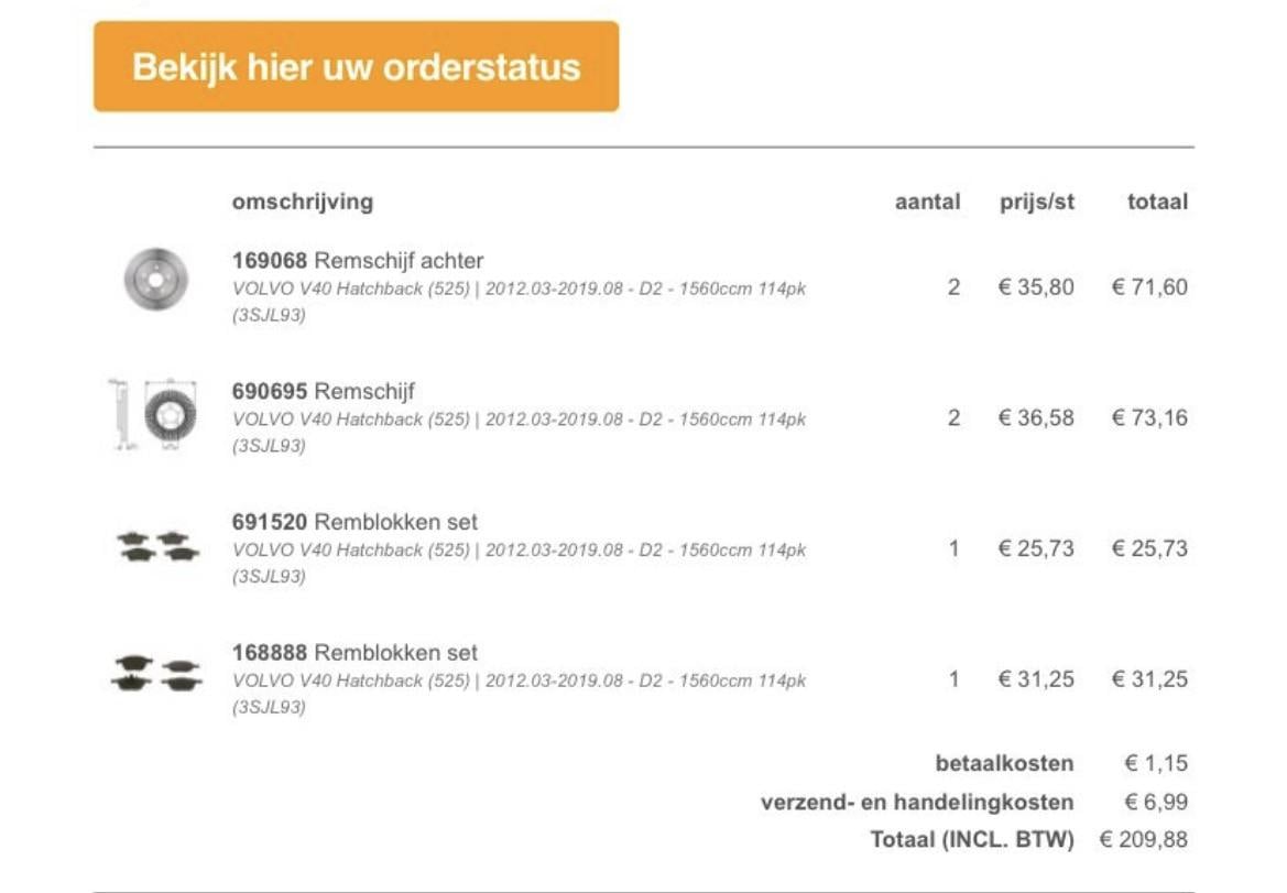 Volvo V40 Nieuwe remschijven + blokken voor en achter.