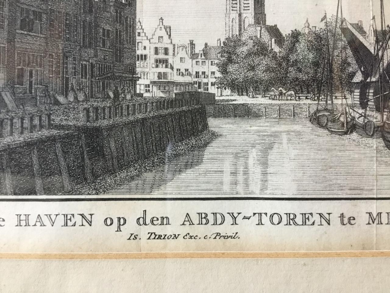 Gravure “Gezigt langs de haven op den Abdy-toren te Middelburg”