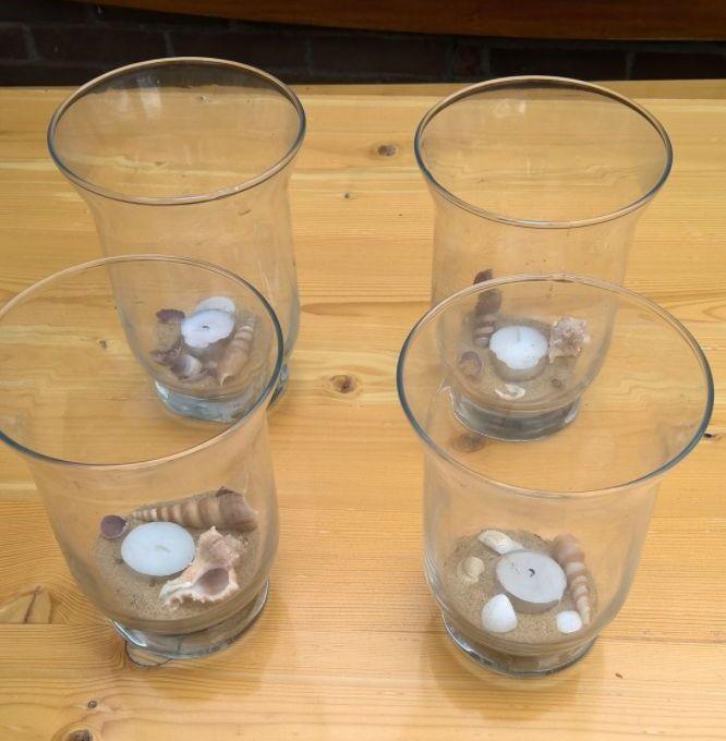 (4 voor €2) 4 grote glas theelichthouders 19 cm + schelpen + kaarsen!