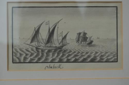 Mooie monochroom aquarel van een Chebeck / Xebec
