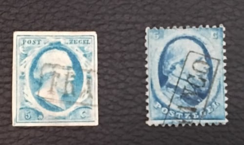 Postzegels nr.1 en 3 koning Willem 3