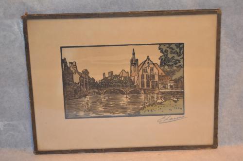 4 Etsjes gesign. ' E. Laun ' (?) dorps / stadsgezichten