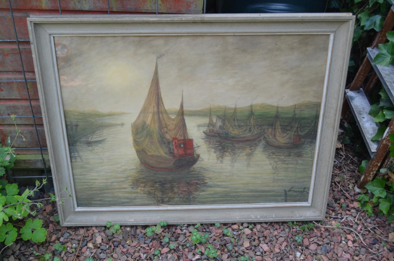 Groot schilderij Vissersscheepjes in goede staat Theo Idserda