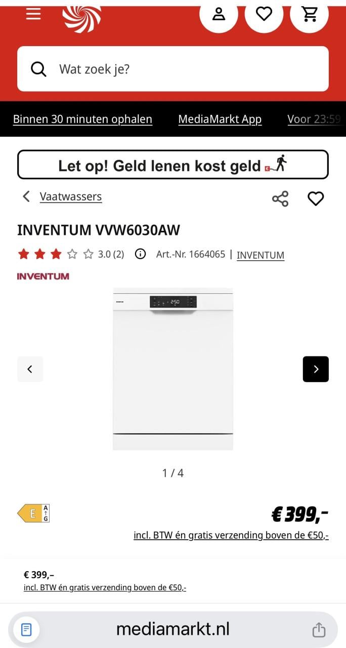 INVENTUM VVW6030AW vrijstaand Vaatwasser 85x60 cm. 85x60 cm.