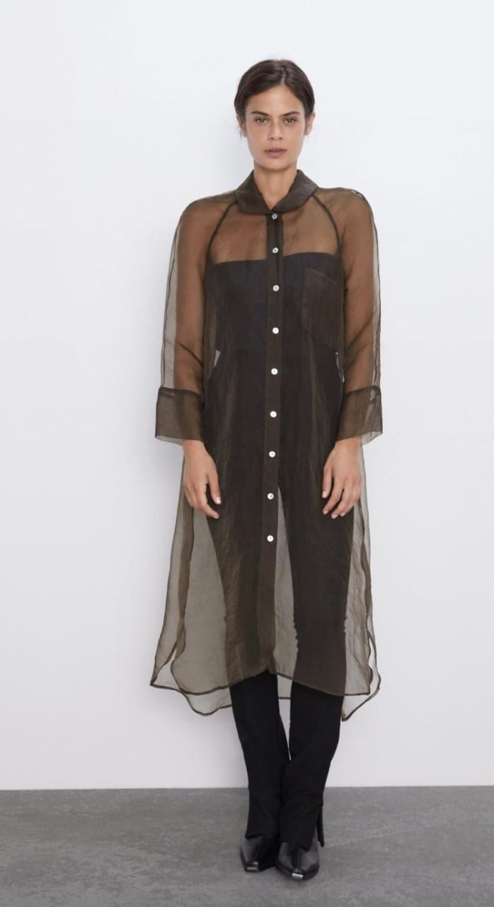 Lange bruine transparante overhemd jurk van de Zara