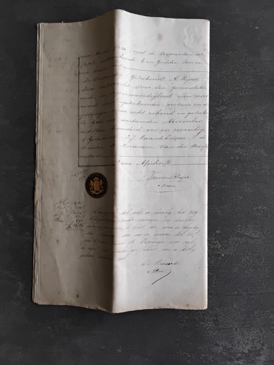 Handgeschreven akte van openbare veiling te Goes  jr 1874