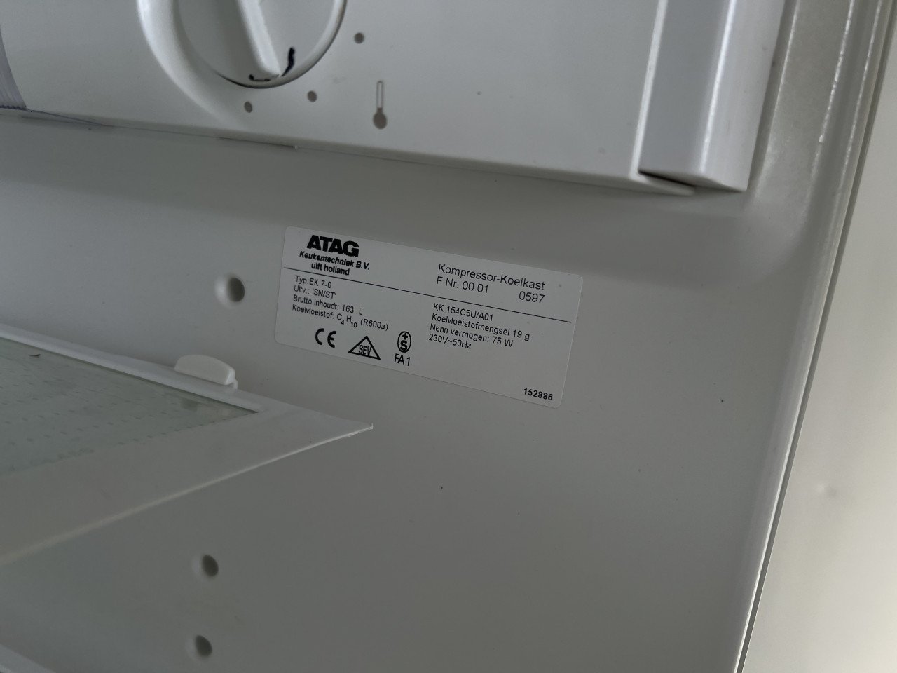 Atag  A++ klasse inbouw koelkast 87 cm. Hoog 163 liter
