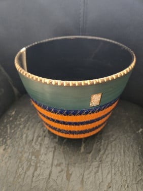 Vintage, retro bloempot Keramik Höhr groen/oranje H 15.5 cm Doorsnee 18 cm