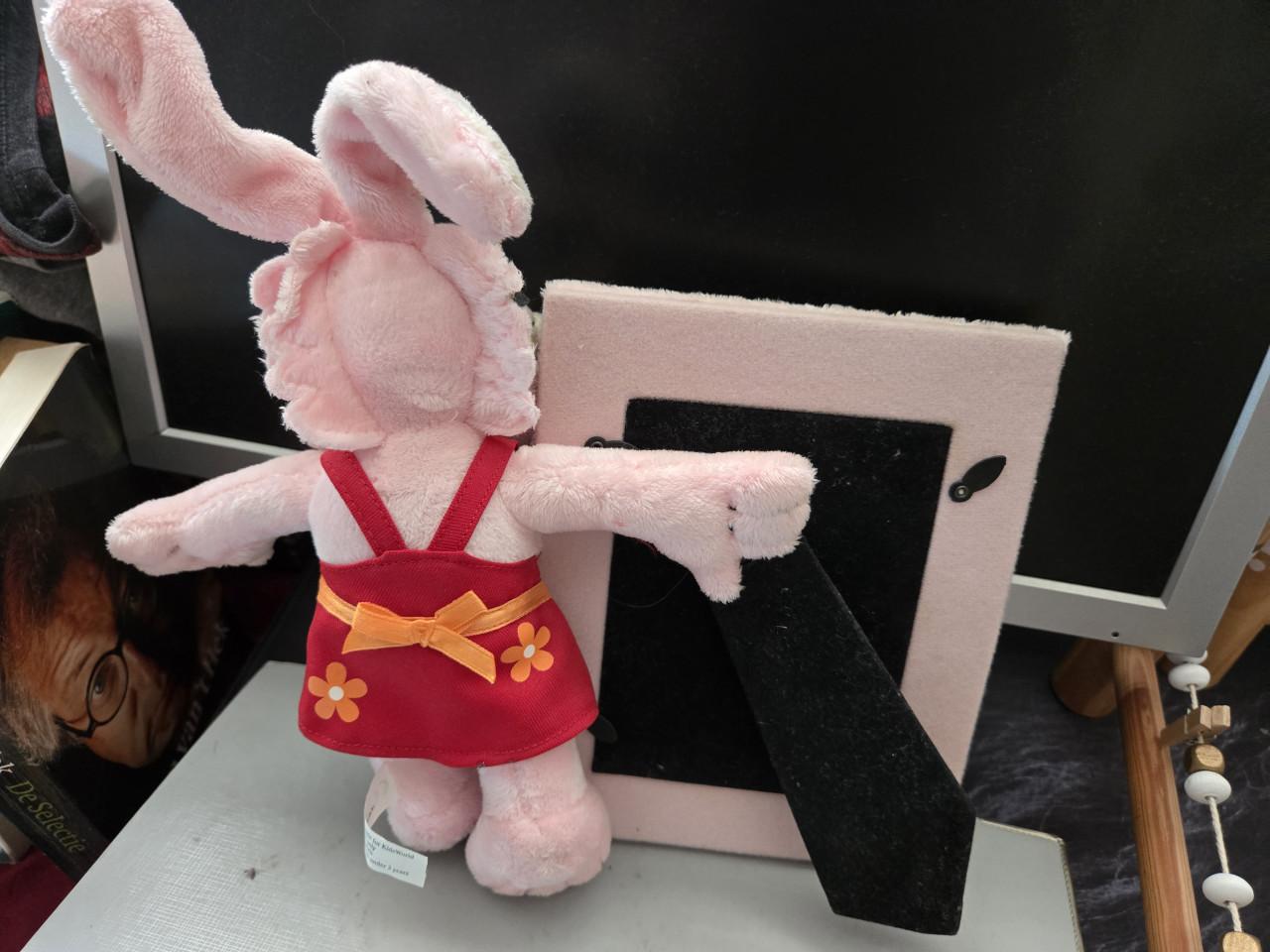 Kiki Knuffel 34 cm en fotolijstje voor fot 12x8 cm met knuffel 20 cm eraan