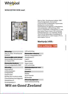 Side by Side Amerikaanse koelkast  Whirlpool ipv 1499 (Outlet/nieuw)