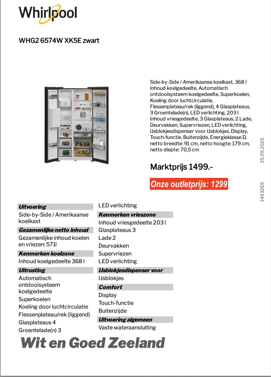 Side by Side Amerikaanse koelkast  Whirlpool ipv 1499 (Outlet/nieuw)