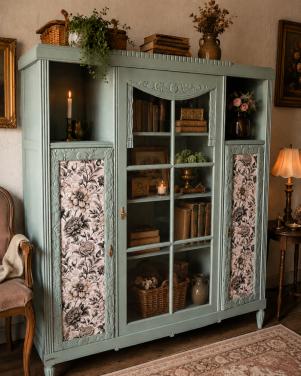 Titel: UNIEK! Upcycled Vintage Vitrinekast - Saliegroen + Botanisch Behang