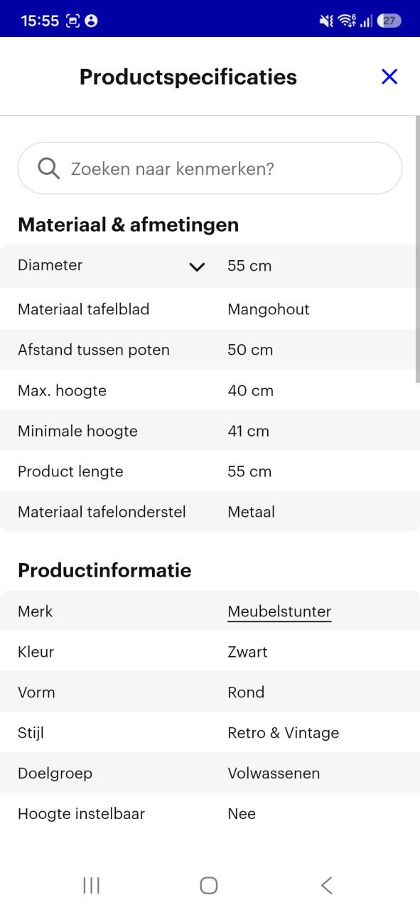 Glazen kast Jysk €130 en mangohouten bijzettafels€35