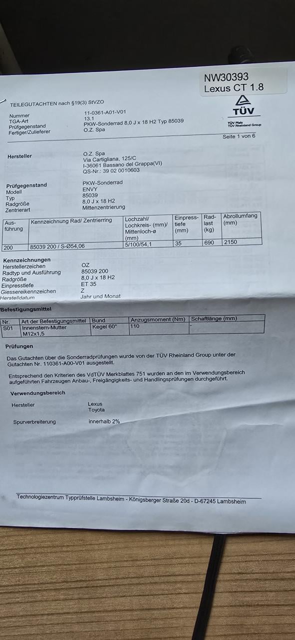Lexus CT200h 18" velgen 5x100