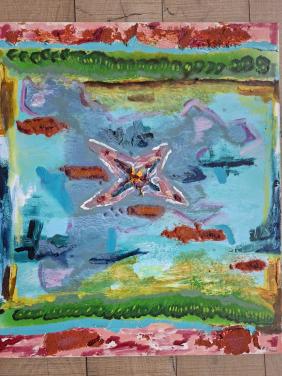 Schilderij. Olieverf, acryl en zand op canvas 70 x60cm