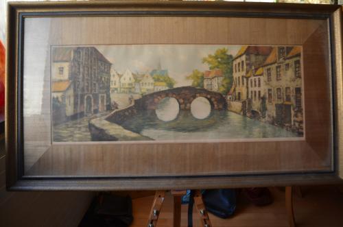 Grote kleurenets (?) Stadsgezicht Brugge, gesigneerd 'van Meulen'