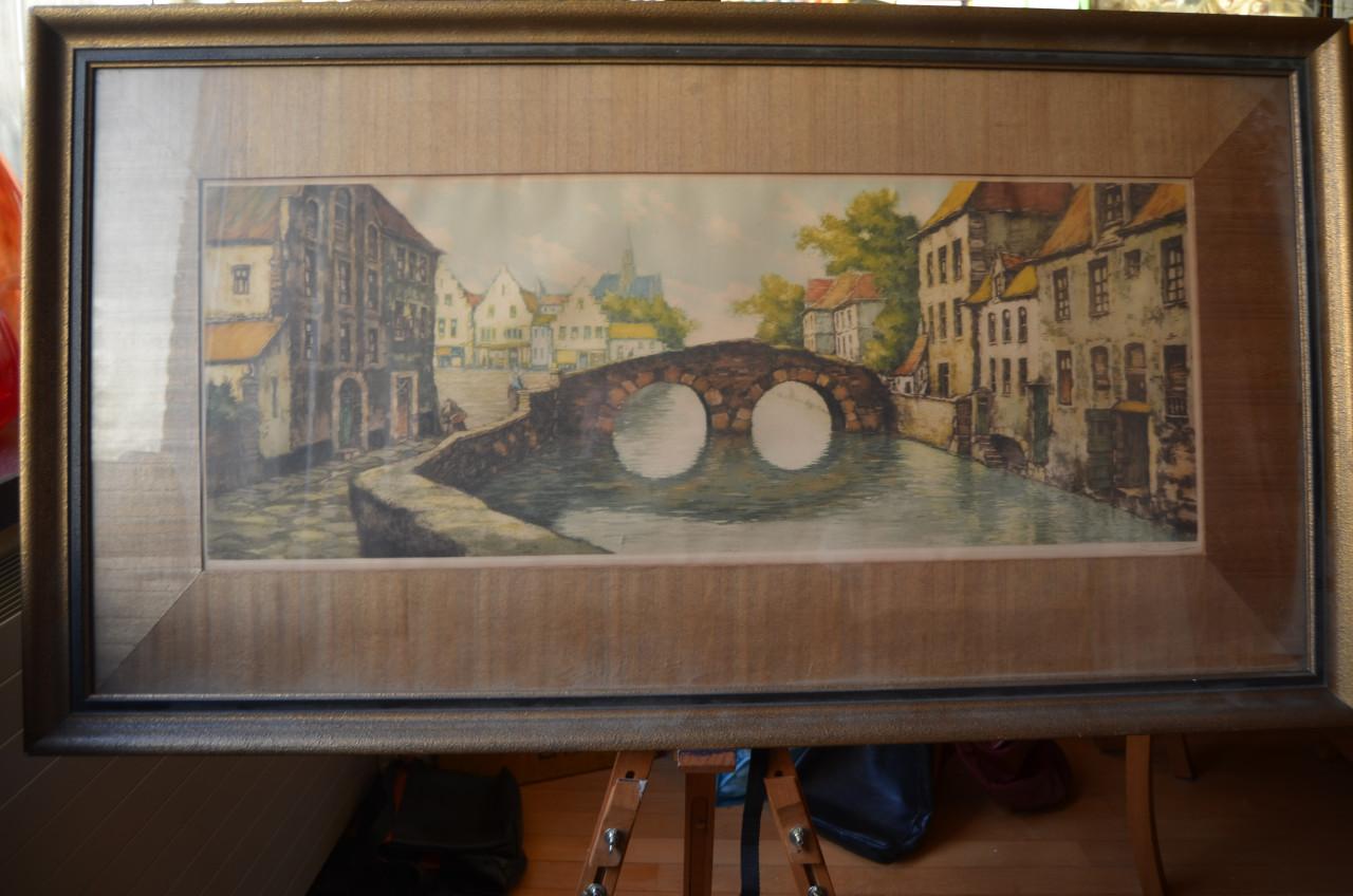 Grote kleurenets (?) Stadsgezicht Brugge, gesigneerd 'van Meulen'