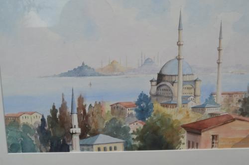 Aquarel van een moskee, gesigneerd en gedateerd