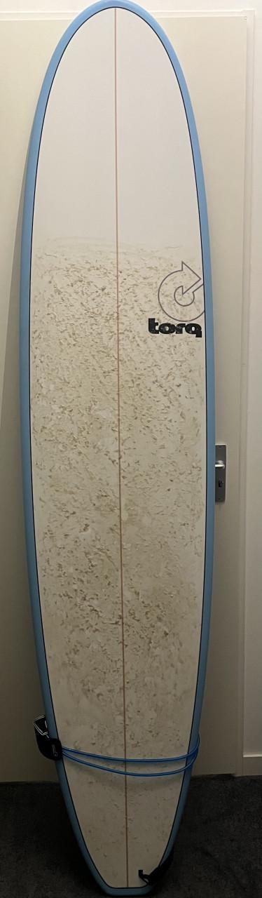 8ft mini longboard met fins, leash en boardbag