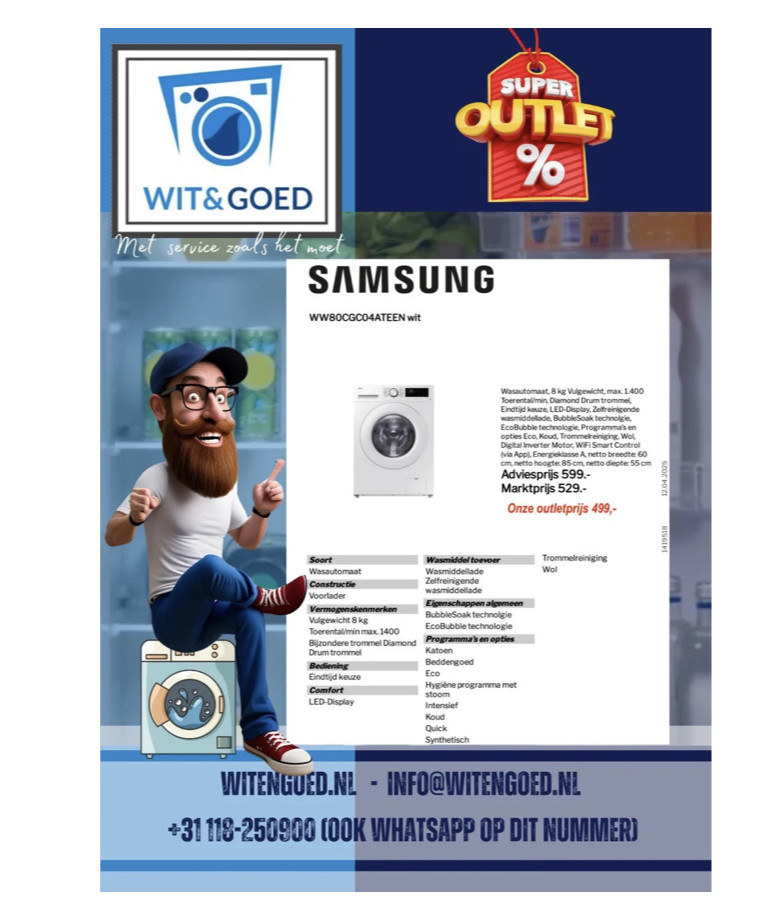 SAMSUNG  8KG WASAUTOMAAT MET ECOBUBBLE TECHNOLOGIE! (OUTLET/nieuw)