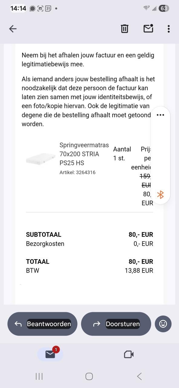 Jysk Stria Plus springveermatras in de maat 70x200 cm.